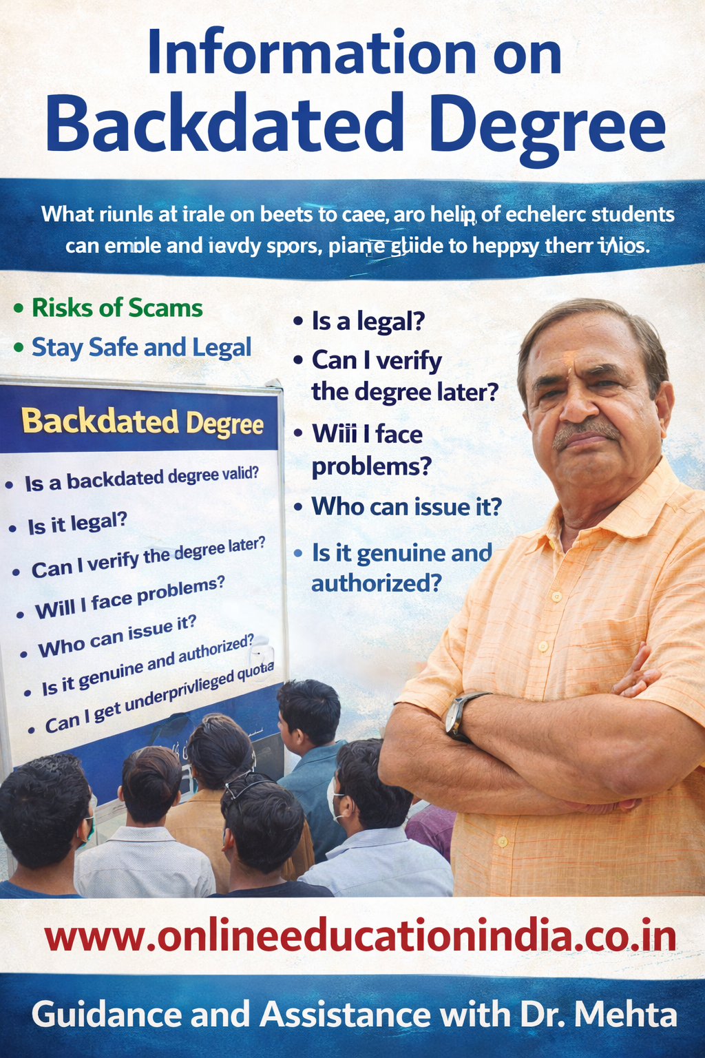 INFO. GENUINE DEGREE BACKDATED DEGREE FAST TRACK DEGREE REAL DEGREE BACKDATED GENUINE DEGREE, ONE SITTING DEGREE, SINGLE SITTING DEGREE, SHORT TERM DEGREE INFO. Information on backdated degree guidance by Dr. Mehta, Providing honest information, selfless counseling and clear guidance to choose the right educational track, counselling about proper documentation, eligibility clarity, doubt resolution and student assistance without fees, helping students avoid wrong guidance. Official website www.onlineeducationindia.co.in