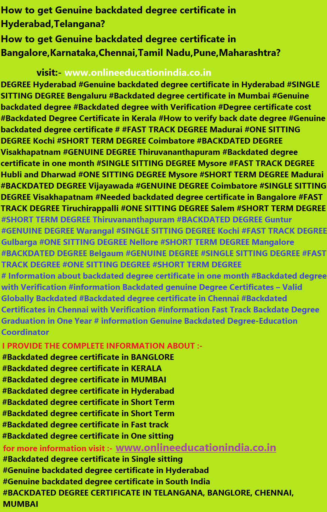 INFORMATION Genuine backdated degree certificate Hyderabad genuine Degree India Backdated degree UAE USA Bangalore Karnataka Chennai Tamil Nadu Pune Maharashtra