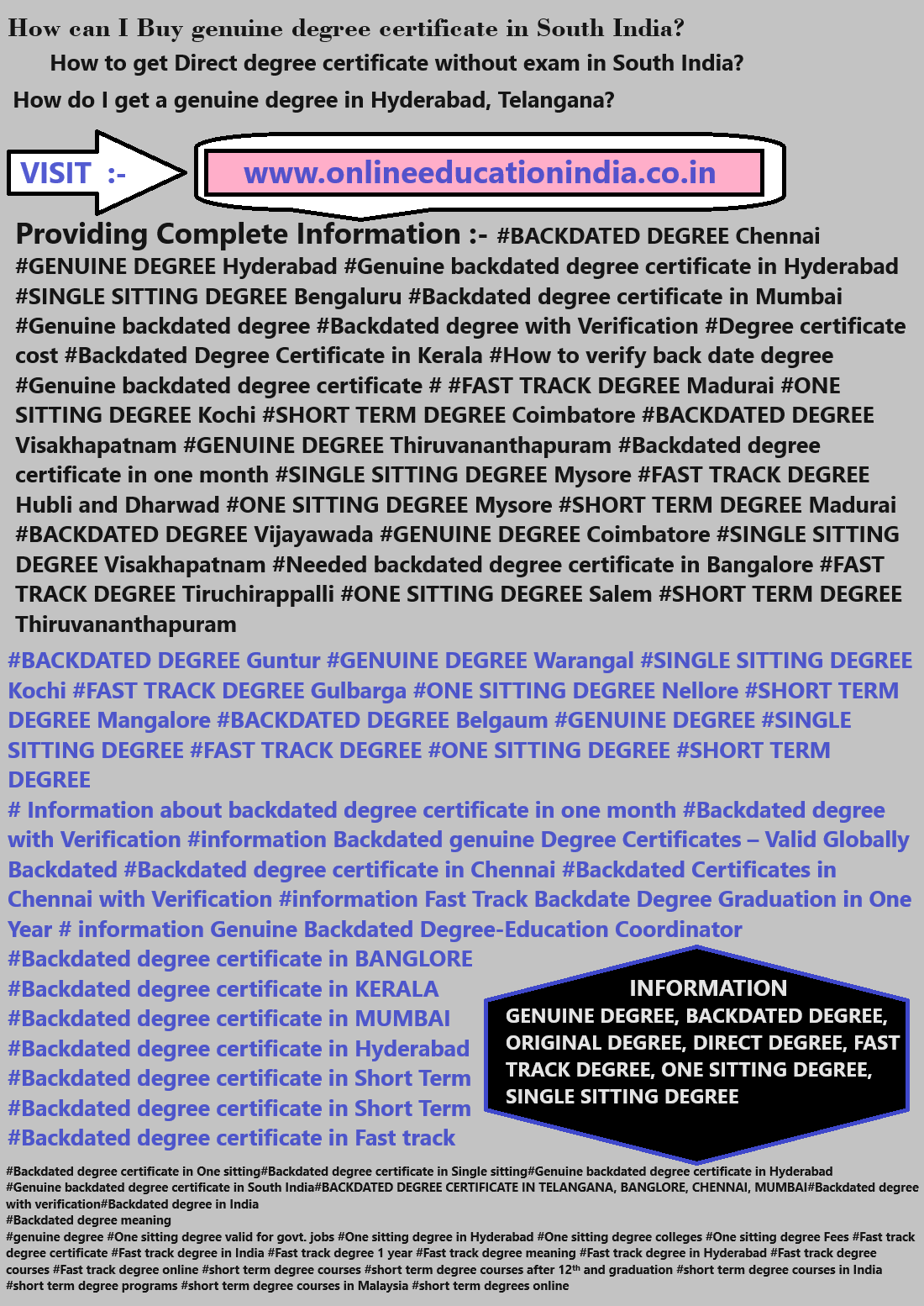 Information genuine degree certificate South india Hyderabad Original degree UAE Genuine Backdated degree Chennai Backdated Genuine degree Pune Mumbai Banglore