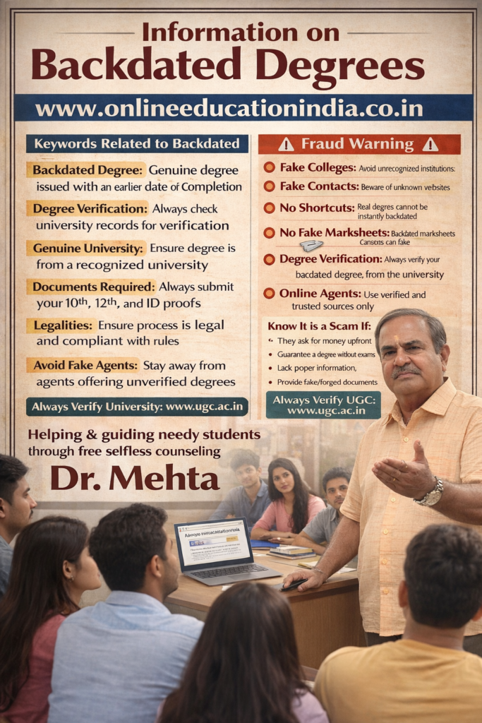 Information of genuine degree certificate Backdated degree Certificate Genuine degree in South India Backdated degree in Hyderabad Bangalore Kerala Chennai Information on backdated degree guidance by Dr. Mehta, Providing honest information, selfless counseling and clear guidance to choose the right educational track, counselling about proper documentation, eligibility clarity, doubt resolution and student assistance without fees, helping students avoid wrong guidance. Official website www.onlineeducationindia.co.in