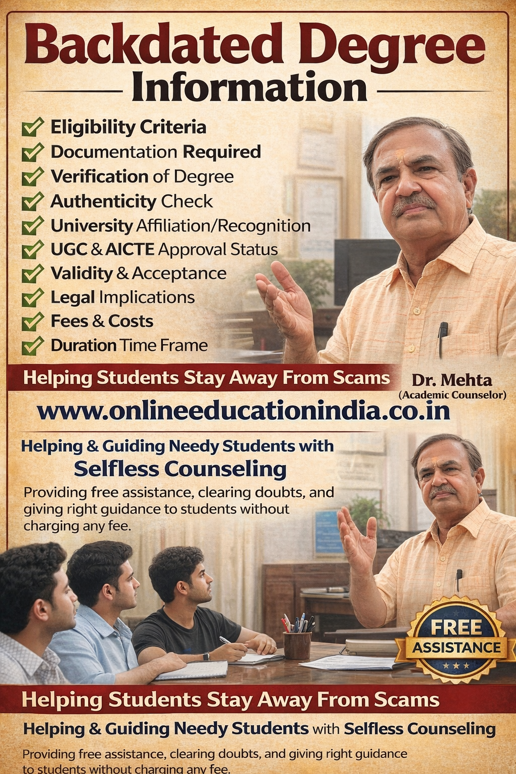 “A professional education advisor providing clear academic planning support to an adult learner, discussing recognized education pathways, document verification, and career-safe decisions with transparency and trust – www.onlineeducationindia.co.in – Dr. Rajesh Mehta” Backdated degree Genuine degree Direct degree Original degree Certificate India South India Backdated degree Hyderabad South India Backdated degree Asia India Information on backdated degree guidance by Dr. Mehta, Providing honest information, selfless counseling and clear guidance to choose the right educational track, counselling about proper documentation, eligibility clarity, doubt resolution and student assistance without fees, helping students avoid wrong guidance. Official website www.onlineeducationindia.co.in