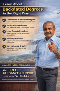 How to get backdated degree Nepal South India Asia Gulf Countries How to get backdated degree Middle east European Countries for Work permit visa Higher studies How to get backdated degree Hyderabad Chennai Pune Mumbai Bangalore Information on backdated degree guidance by Dr. Mehta, Providing honest information, selfless counseling and clear guidance to choose the right educational track, counselling about proper documentation, eligibility clarity, doubt resolution and student assistance without fees, helping students avoid wrong guidance. Official website www.onlineeducationindia.co.in