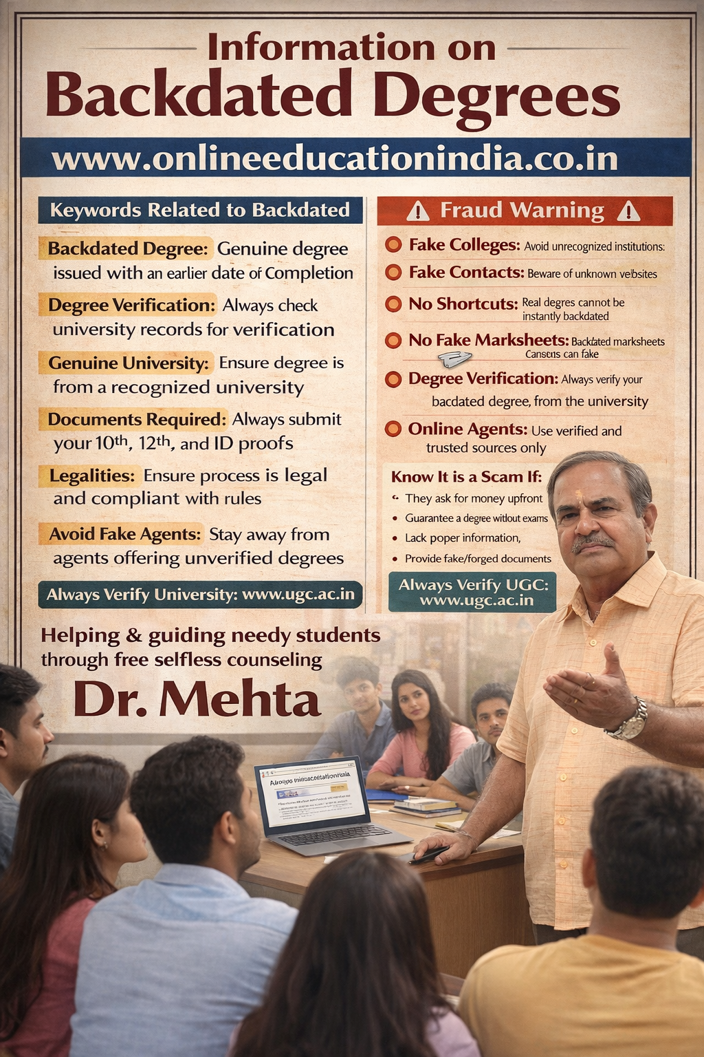 How to check if a degree is genuine Andhra Pradesh Amaravati South India How to check if a degree is genuine Arunachal Pradesh Itanagar  Assam Dispur Puducherry Puducherry Information on backdated degree guidance by Dr. Mehta, Providing honest information, selfless counseling and clear guidance to choose the right educational track, counselling about proper documentation, eligibility clarity, doubt resolution and student assistance without fees, helping students avoid wrong guidance. Official website www.onlineeducationindia.co.in