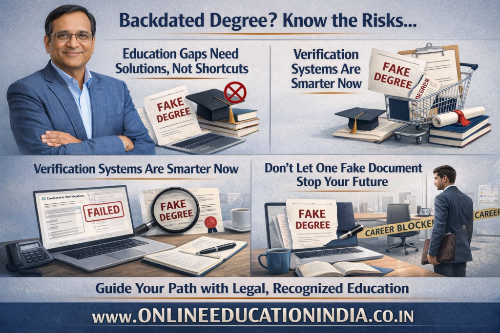 Here I am giving the Visual guide on backdated degree risks in 2025, showing verification checkpoints like university enrollment year, exam records and registrar confirmation. Illustrates the difference between authentic and backdated degrees with a real-life case of delayed promotion as well as I am Highlights long-term career risks, professional credibility and best practices for secure qualifications This Article and image is Created by Dr. Mehta, www.onlineeducationindia.co.in