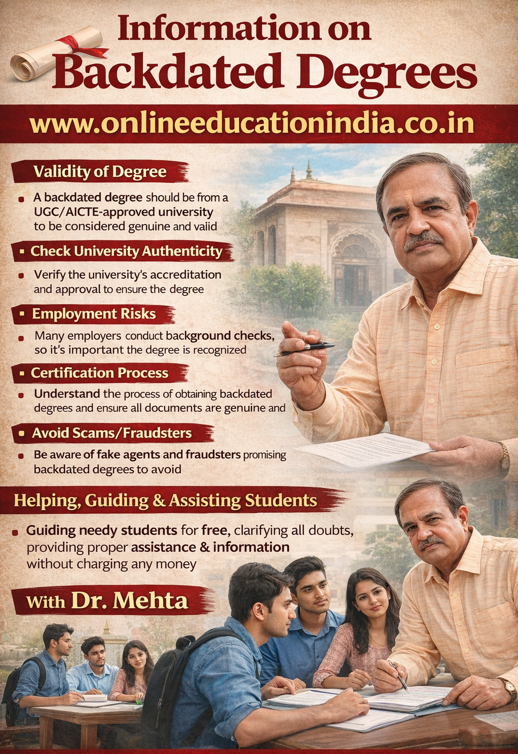 Awareness about backdated degrees – guidance by Dr. Mehta to help students understand verification, risks, and safe practices. Official information and counseling available at www.onlineeducationindia.co.in.Information on backdated degree guidance by Dr. Mehta, Providing honest information, selfless counseling and clear guidance to choose the right educational track, counselling about proper documentation, eligibility clarity, doubt resolution and student assistance without fees, helping students avoid wrong guidance. Official website www.onlineeducationindia.co.in #BackdatedDegree, #IsBackdatedDegreeLegal, #BackdatedDegreeVerification, #FakeDegreeAlert, #DegreeScamAwareness, #EducationalFraud, #UGCGuidelines, #DegreeVerificationProcess, #LegalEducationPath, #StudentSafety, #CareerProtection, #AvoidFakeDegrees, #AcademicVerification, #HigherEducationIndia, #BackdatedDegreeChennai, #BackdatedDegreeBengaluru, #BackdatedDegreeHyderabad, #BackdatedDegreeCoimbatore, #BackdatedDegreeMadurai, #BackdatedDegreeTrichy, #BackdatedDegreeSalem, #BackdatedDegreeTirunelveli, #BackdatedDegreeVellore, #BackdatedDegreeMysuru, #BackdatedDegreeMangaluru, #BackdatedDegreeHubli, #BackdatedDegreeBelagavi, #BackdatedDegreeUdupi, #BackdatedDegreeTumakuru, #BackdatedDegreeVijayawada, #BackdatedDegreeVisakhapatnam, #BackdatedDegreeGuntur, #BackdatedDegreeNellore, #BackdatedDegreeTirupati, #BackdatedDegreeKurnool, #BackdatedDegreeWarangal, #BackdatedDegreeNizamabad, #BackdatedDegreeKarimnagar, #BackdatedDegreeKochi, #BackdatedDegreeTrivandrum, #BackdatedDegreeKozhikode, #BackdatedDegreeThrissur, #BackdatedDegreeKannur, #BackdatedDegreePalakkad, #BackdatedDegreeErode, #BackdatedDegreeTiruppur, #BackdatedDegreeThanjavur, #BackdatedDegreeKanchipuram, #BackdatedDegreeTiruvannamalai