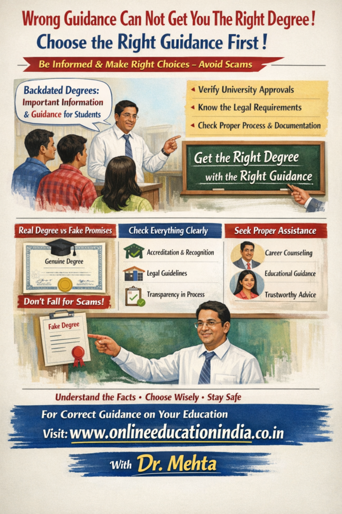Awareness about backdated degrees – guidance by Dr. Mehta to help students understand verification, risks, and safe practices. Official information and counseling available at www.onlineeducationindia.co.in. Neutral, educational advice by Dr. Mehta based on years of personal experience in student guidance