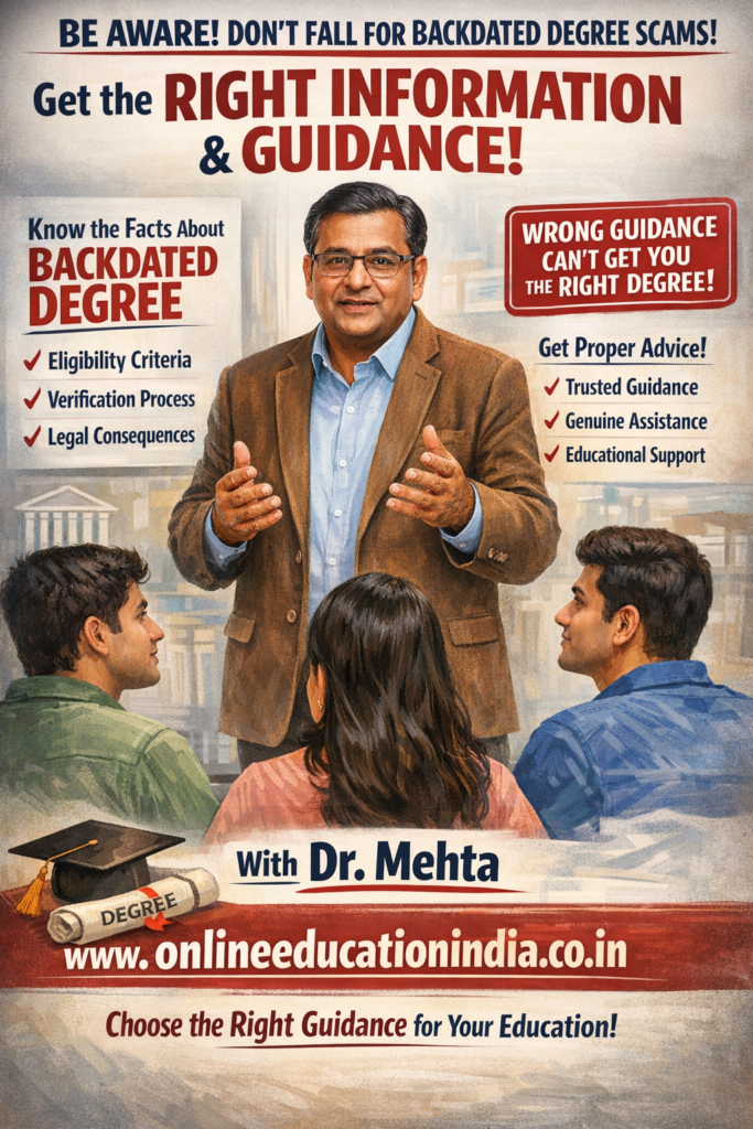Awareness about backdated degrees – guidance by Dr. Mehta to help students understand verification, risks, and safe practices. related to Backdated degree and counseling available at www.onlineeducationindia.co.in