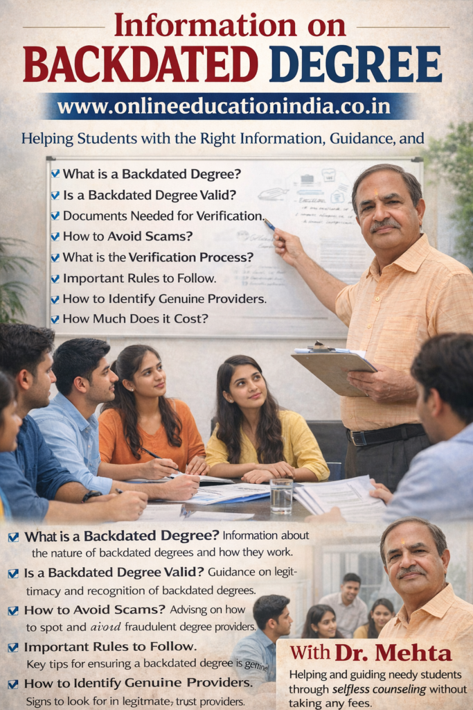 Information on backdated degree guidance by Dr. Mehta, Providing honest information, selfless counseling and clear guidance to choose the right educational track, counselling about proper documentation, eligibility clarity, doubt resolution and student assistance without fees, helping students avoid wrong guidance. Official website www.onlineeducationindia.co.in #BackdatedDegree, #IsBackdatedDegreeLegal, #BackdatedDegreeVerification, #FakeDegreeAlert, #DegreeScamAwareness, #EducationalFraud, #UGCGuidelines, #DegreeVerificationProcess, #LegalEducationPath, #StudentSafety, #CareerProtection, #AvoidFakeDegrees, #AcademicVerification, #HigherEducationIndia, #BackdatedDegreeChennai, #BackdatedDegreeBengaluru, #BackdatedDegreeHyderabad, #BackdatedDegreeCoimbatore, #BackdatedDegreeMadurai, #BackdatedDegreeTrichy, #BackdatedDegreeSalem, #BackdatedDegreeTirunelveli, #BackdatedDegreeVellore, #BackdatedDegreeMysuru, #BackdatedDegreeMangaluru, #BackdatedDegreeHubli, #BackdatedDegreeBelagavi, #BackdatedDegreeUdupi, #BackdatedDegreeTumakuru, #BackdatedDegreeVijayawada, #BackdatedDegreeVisakhapatnam, #BackdatedDegreeGuntur, #BackdatedDegreeNellore, #BackdatedDegreeTirupati, #BackdatedDegreeKurnool, #BackdatedDegreeWarangal, #BackdatedDegreeNizamabad, #BackdatedDegreeKarimnagar, #BackdatedDegreeKochi, #BackdatedDegreeTrivandrum, #BackdatedDegreeKozhikode, #BackdatedDegreeThrissur, #BackdatedDegreeKannur, #BackdatedDegreePalakkad, #BackdatedDegreeErode, #BackdatedDegreeTiruppur, #BackdatedDegreeThanjavur, #BackdatedDegreeKanchipuram, #BackdatedDegreeTiruvannamalai
#IsBackdatedDegreeLegal, #BackdatedDegreeRealOrFake, #HowToVerifyDegree, #DegreeVerificationOnline, #FakeDegreeOrGenuine, #IsThisDegreeValid, #DegreeCheckProcess, #UGCApprovedDegree, #BackdatedDegreeChennai, #IsBackdatedDegreeLegalChennai, #BackdatedDegreeBengaluru, #IsBackdatedDegreeLegalBengaluru, #BackdatedDegreeHyderabad, #IsBackdatedDegreeLegalHyderabad, #BackdatedDegreeCoimbatore, #IsBackdatedDegreeLegalCoimbatore, #BackdatedDegreeMadurai, #IsBackdatedDegreeLegalMadurai, #BackdatedDegreeTrichy, #IsBackdatedDegreeLegalTrichy, #BackdatedDegreeSalem, #IsBackdatedDegreeLegalSalem, #BackdatedDegreeTirunelveli, #BackdatedDegreeVellore, #BackdatedDegreeMysuru, #BackdatedDegreeMangaluru, #BackdatedDegreeHubli, #BackdatedDegreeUdupi, #BackdatedDegreeTumakuru, #BackdatedDegreeVijayawada, #IsBackdatedDegreeLegalVijayawada, #BackdatedDegreeVisakhapatnam, #IsBackdatedDegreeLegalVizag, #BackdatedDegreeGuntur, #BackdatedDegreeTirupati, #BackdatedDegreeWarangal, #BackdatedDegreeNizamabad, #BackdatedDegreeKarimnagar, #BackdatedDegreeKochi, #IsBackdatedDegreeLegalKochi, #BackdatedDegreeTrivandrum, #BackdatedDegreeKozhikode, #BackdatedDegreeThrissur, #BackdatedDegreeKannur#IsBackdatedDegreeLegal, #IsBackdatedDegreeValid, #IsBackdatedDegreeGenuine, #IsBackdatedDegreeReal, #IsBackdatedDegreeFake, #CanIGetBackdatedDegree, #CanDegreeBeBackdated, #IsBackdatedDegreeUGCApproved, #IsBackdatedDegreeAcceptedInJobs, #IsBackdatedDegreeAcceptedForGovtJobs, #IsBackdatedDegreeSafe, #IsBackdatedDegreeRisky, #IsBackdatedDegreeAllowedInIndia, #IsBackdatedDegreeLegalInIndia, #IsBackdatedDegreeValidForVerification, #IsBackdatedDegreeAcceptedByUniversities, #IsBackdatedDegreeRecognized, #IsBackdatedDegreeOriginal, #IsBackdatedDegreeValidForPromotion, #IsBackdatedDegreeValidForVisa, #IsBackdatedDegreeValidForAbroad, #CanBackdatedDegreeBeVerified, #HowToVerifyBackdatedDegree, #IsBackdatedDegreeTraceable, #IsBackdatedDegreeCheckedByEmployers, #IsBackdatedDegreeLegalOrIllegal, #IsBackdatedDegreeCorrectOption, #IsBackdatedDegreeGoodOrBad, #ShouldITakeBackdatedDegree, #WillBackdatedDegreeCauseProblems, #IsBackdatedDegreeAcceptedEverywhere, #IsBackdatedDegreeAllowedByUGC, #IsBackdatedDegreeValidInPrivateJobs, #IsBackdatedDegreeValidInGovernment, #IsBackdatedDegreeFutureSafe
