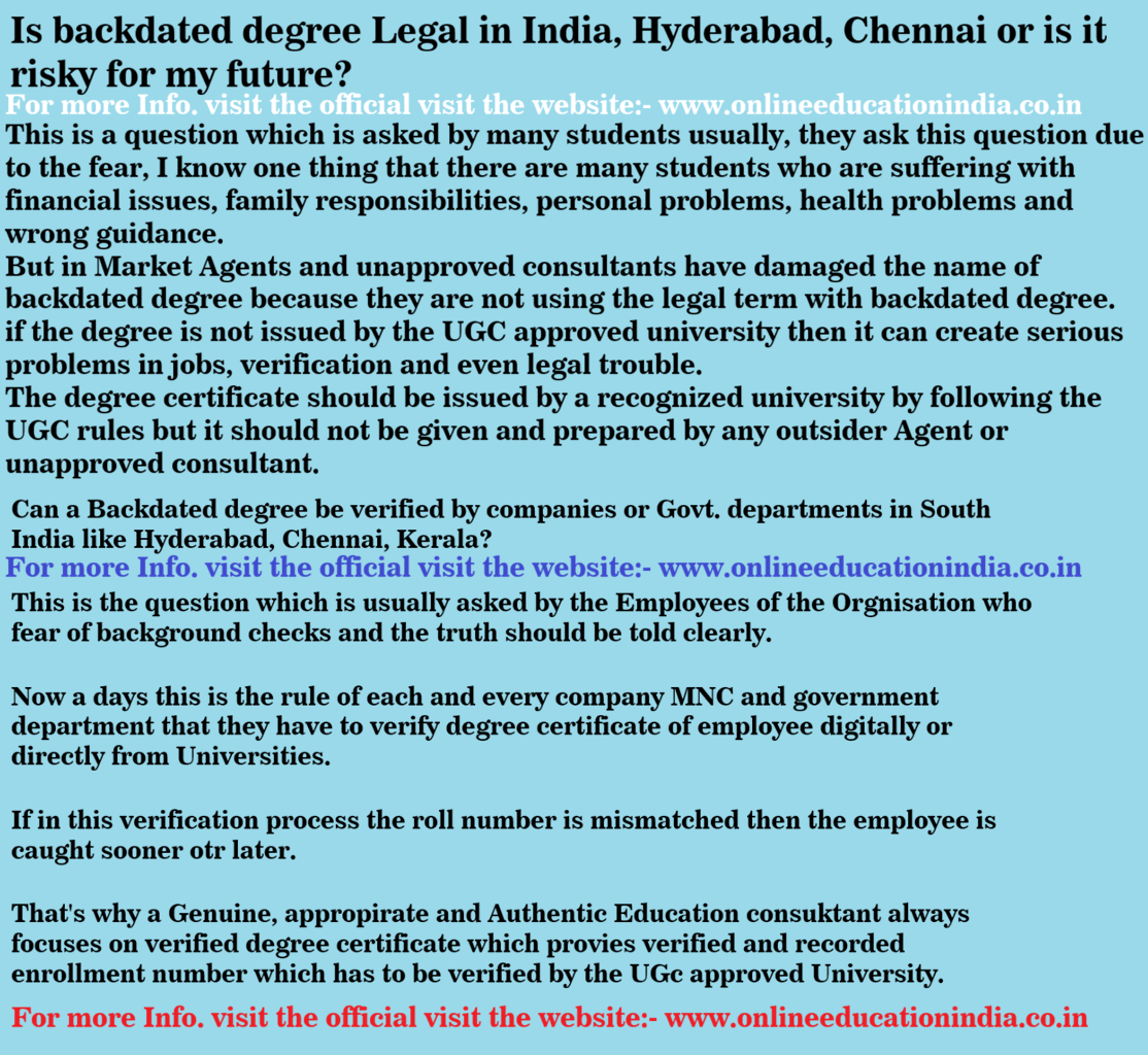 backdated degree, backdated degree reality, backdated degree truth, degree verification India, education fraud awareness, fake degree risk, degree verification process, distance education India, open university degree, career gap solution, education gap help, legal degree options, degree validation India, UGC approved university, job verification degree, government job degree check, private job verification, higher education guidance, student career counseling, education consultant India, lost academic years solution, resume gap education, adult education India, continuing education programs, flexible degree programs, online degree India, distance learning awareness, education guidance India, safe degree options, academic gap repair, student future planning, career rebuilding education, degree credibility, university enrollment rules, education law India, student awareness education, education scams India, degree fraud consequences, honest education guidance, skill based education, career counseling India, education support system, student help education, alternative degree paths, legal education routes, mature student education, second chance education, degree without risk, education transparency, trusted education advice, real degree value, academic integrity, student trust education, education reform awareness, verified degree importance, employment eligibility degree, future safe education, degree legitimacy India, recognized universities India, career security education, education awareness campaign, student guidance platform, ethical education consulting, education career roadmap, degree planning advice, academic counseling services, student life solutions, education mistakes correction, long term career planning, education support India, education truth awareness, safe academic progress, career growth education, degree importance India, education system reality, responsible education guidance 1. The Truth About Backdated Degrees: What Every Student Must Know 2. Lost Academic Years? Here’s the Safe and Honest Way Forward 3. Backdated Degree Reality in India: Risk, Truth, and Better Options 4. Career Gaps and Education Mistakes: How to Fix Them Legally 5. Before Choosing a Backdated Degree, Read This Once 6. Education Shortcuts vs Safe Careers: A Real Student Guide 7. Don’t Destroy Your Future for Fast Degrees: Reality Explained 8. Honest Education Advice for Students Who Lost Time 9. Degree Verification Reality in Jobs and Government Exams 10. Second Chance Education: Rebuilding Career the Right Way backdated degree degree verification India career gap education distance education India open university degree education guidance student career solution degree legality India UGC approved universities education gap solution job degree verification academic year mismatch student future planning education counseling services safe degree options career rebuilding education