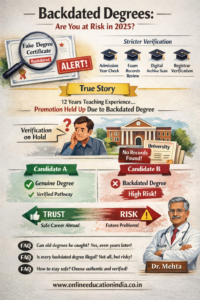 Truly and honesty explaining the risks of backdated degree certificates in 2025, explaining the steps like admission year check, exam record review, digital archive scan and registrar verification. The image compares a genuine degree holder with a backdated degree case because it highlights a real-life promotion delay due to verification issues and it also emphasizes career trust versus future risk, which is Created for educational awareness by Dr. Mehta, www.onlineeducationindia.co.in